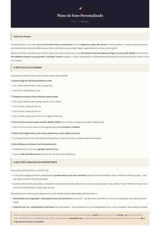 Página 1 do plano: Plano de Sono Personalizado, Lívia, 2 meses. Antes de começar; o jeito da Lívia dormir; o que está gerando os despertares.